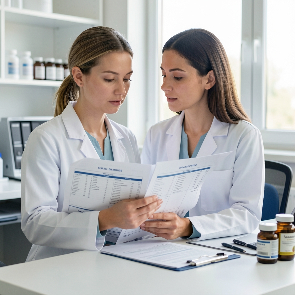 Nutritional supplement specialist at a workstation reviewing printed elemental profile reports with a focused expression in a clean workspace
