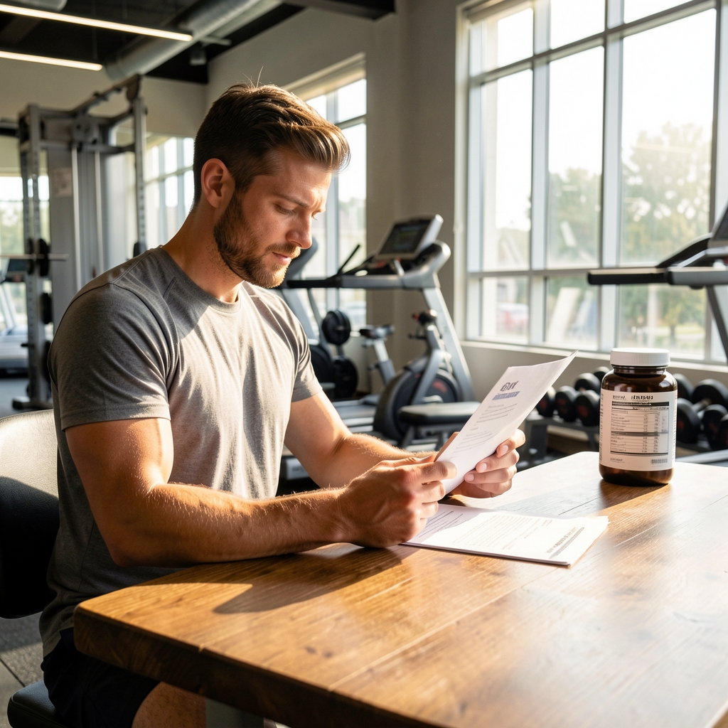 Active Indonesian man in gym setting reviewing supplement composition documentation at a wooden desk with natural morning light