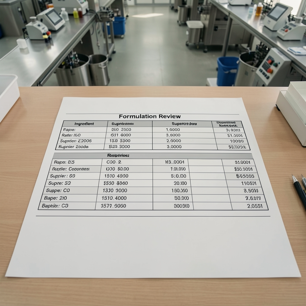 Independent third-party verifier in a food supplement facility reviewing opened capsules on a quality-control bench under controlled lighting