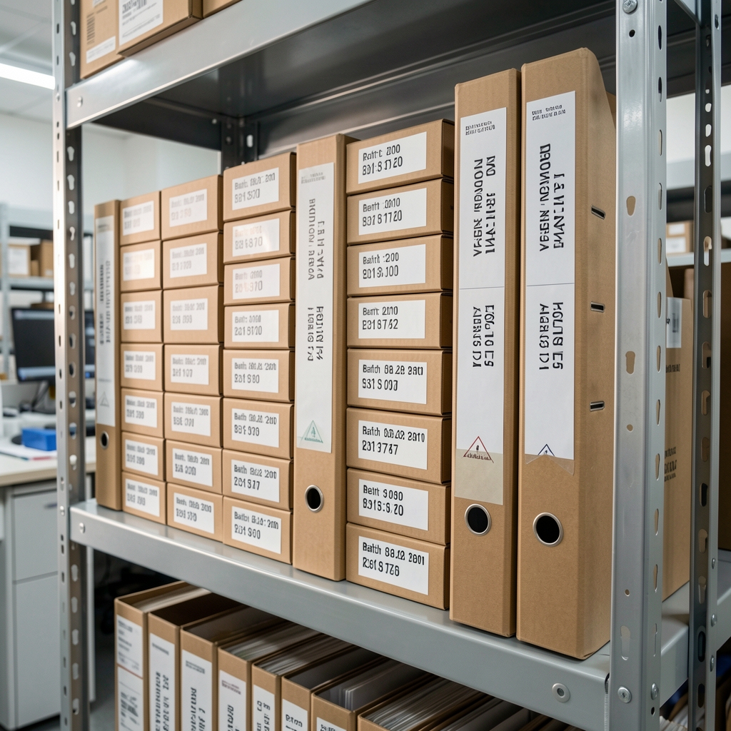 Physical batch archive folders stacked on metal shelving in the Jakarta facility showing date labels, batch codes, and revision numbers on spines in a clean workspace