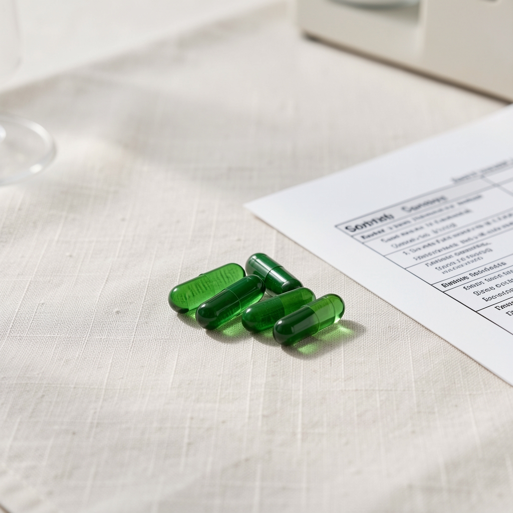 Green-tinted supplement capsules on a clean linen surface with a sourcing documentation printout partially visible beside them in a quality-control environment