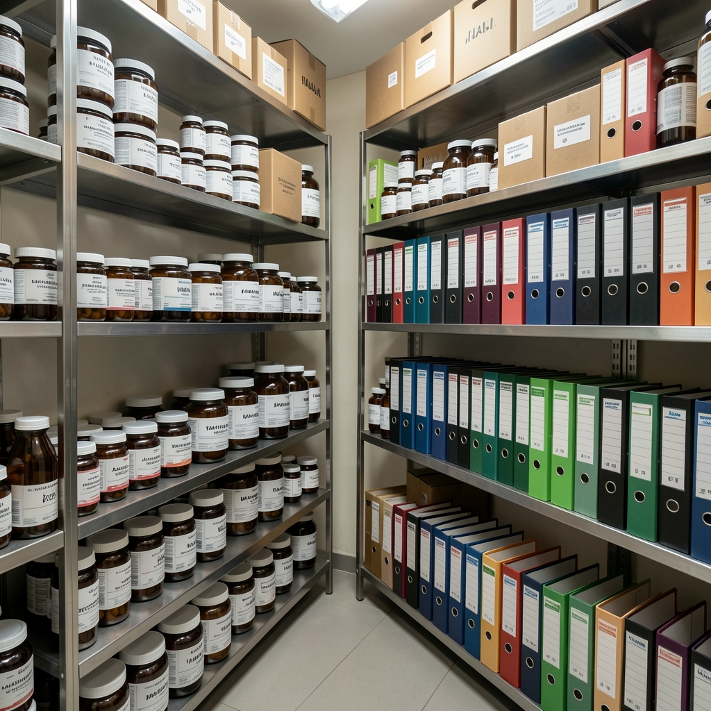 Well-organised supplement storage room with labelled containers and lot-record binders on metal shelving in the Jakarta facility